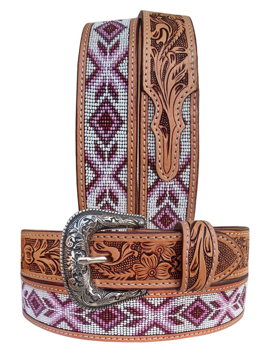 30" Western 1-1/2" Floral Tooled Beaded Full-Grain Leather Belt 26RS149