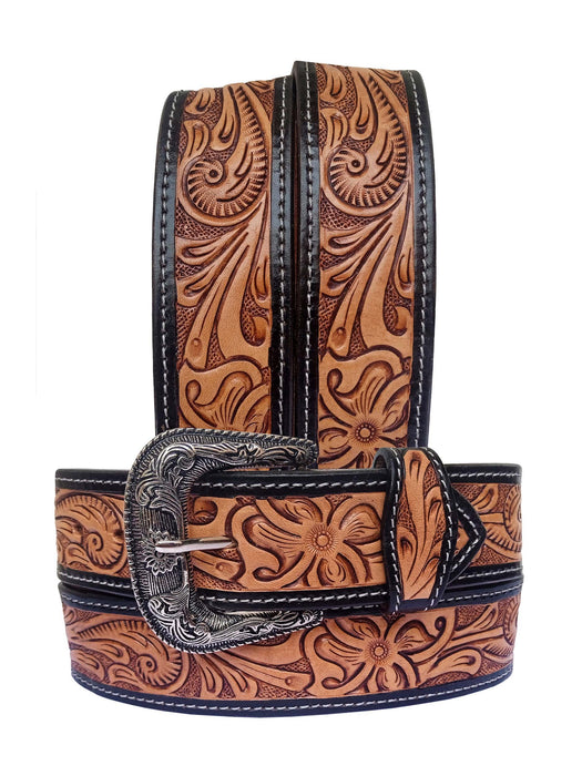 40" Challenger 2" Western Leather Belt Floral Tooled Black Edge Contrast Stitch Blackthorn Western 26RS150U2