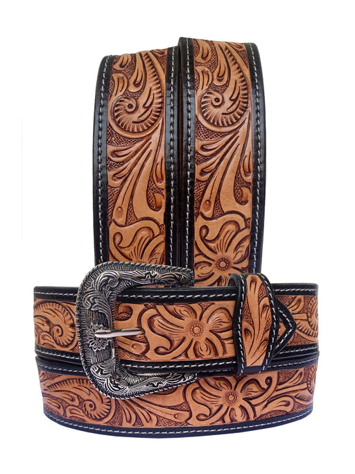 38" Challenger 2" Western Leather Belt Floral Tooled Black Edge Contrast Stitch Blackthorn Western 26RS150U2