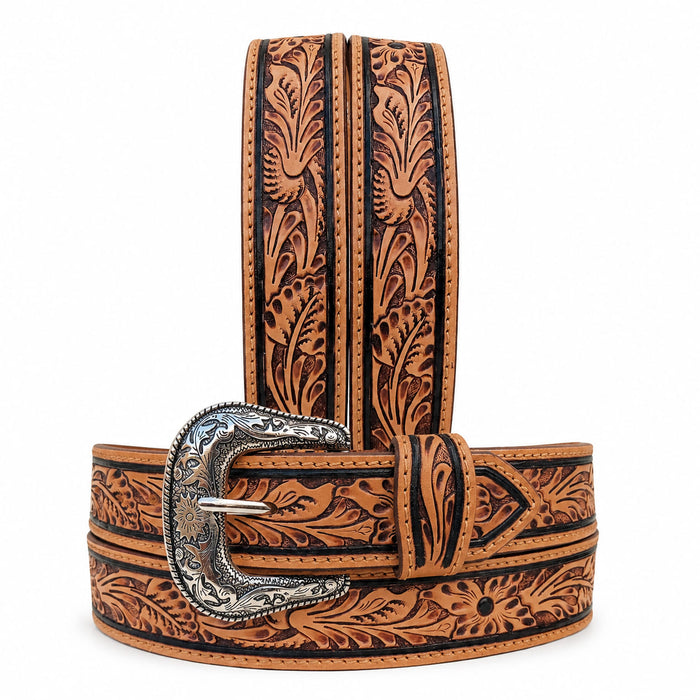 28" Challenger Western Belt Floral Tooled Design Engraved Buckle Multiple Sizes Tan & Dark Brown 26RS158