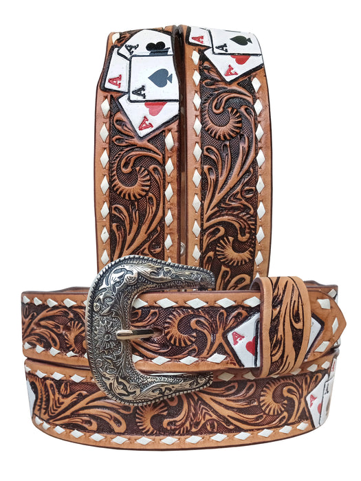 42" Challenger 1-3/4" Tapered Western Leather Belt w/ Aces Poker Card Buckstitch 26RS135T