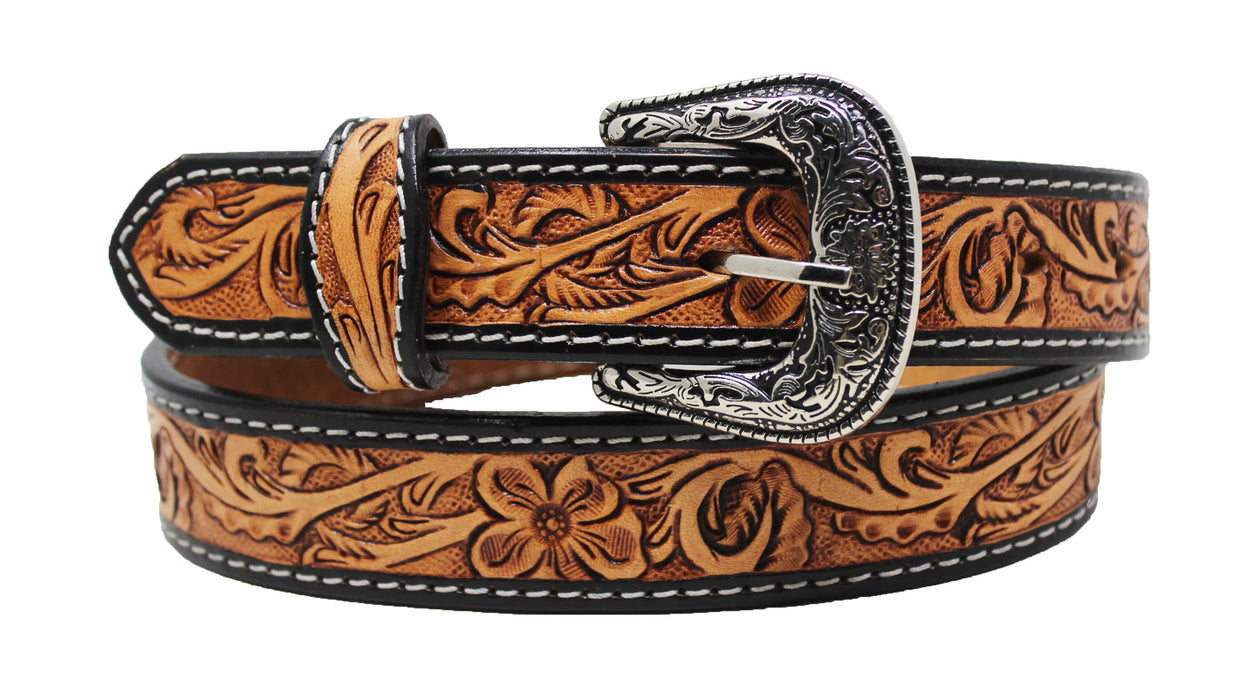 Kids Western 1-1/4" Floral Inlay Full-Grain Leather Belt  RSFloralTooledC
