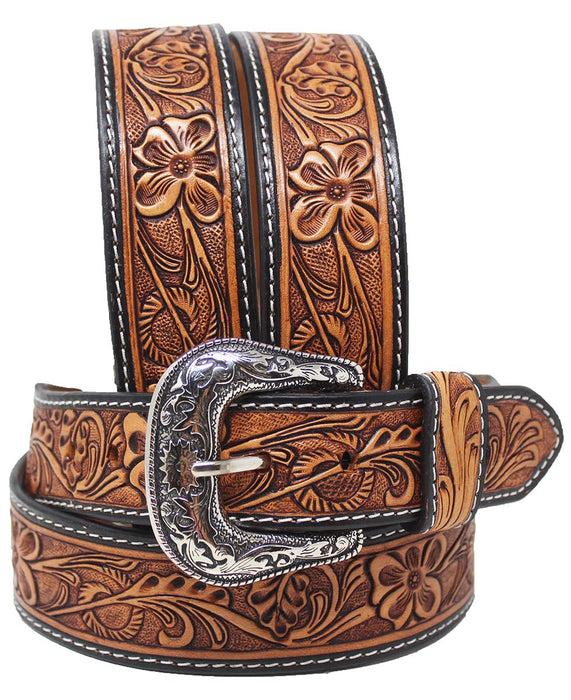 Men Women Western 1-3/4" Tapered Antique Floral Tooled Full-Grain Leather Belt 26RS17T