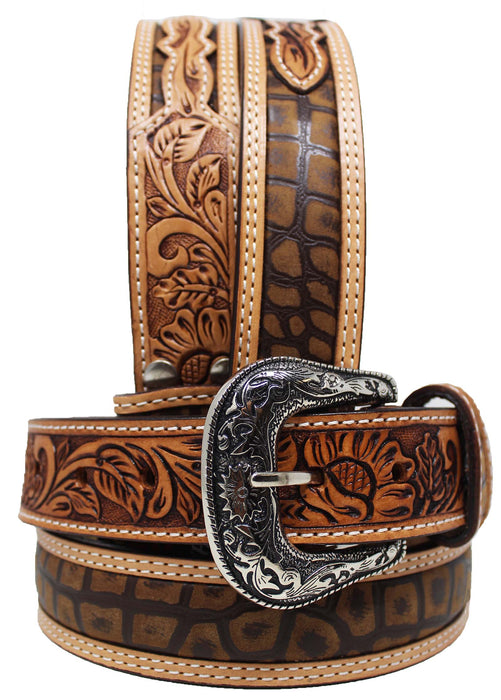Western 1-1/2" Floral Tooled Gator Inlay Full-Grain Tan Leather Belt 26RS11-18
