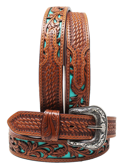 Kids Western 1-1/4" Floral Inlay Full-Grain Leather Belt