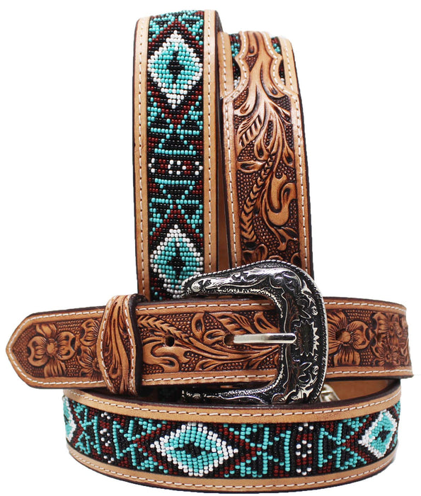 30  Western 1-1/2" Wide Basket Weave Tooled Beaded Tan Leather Belt  26RS111