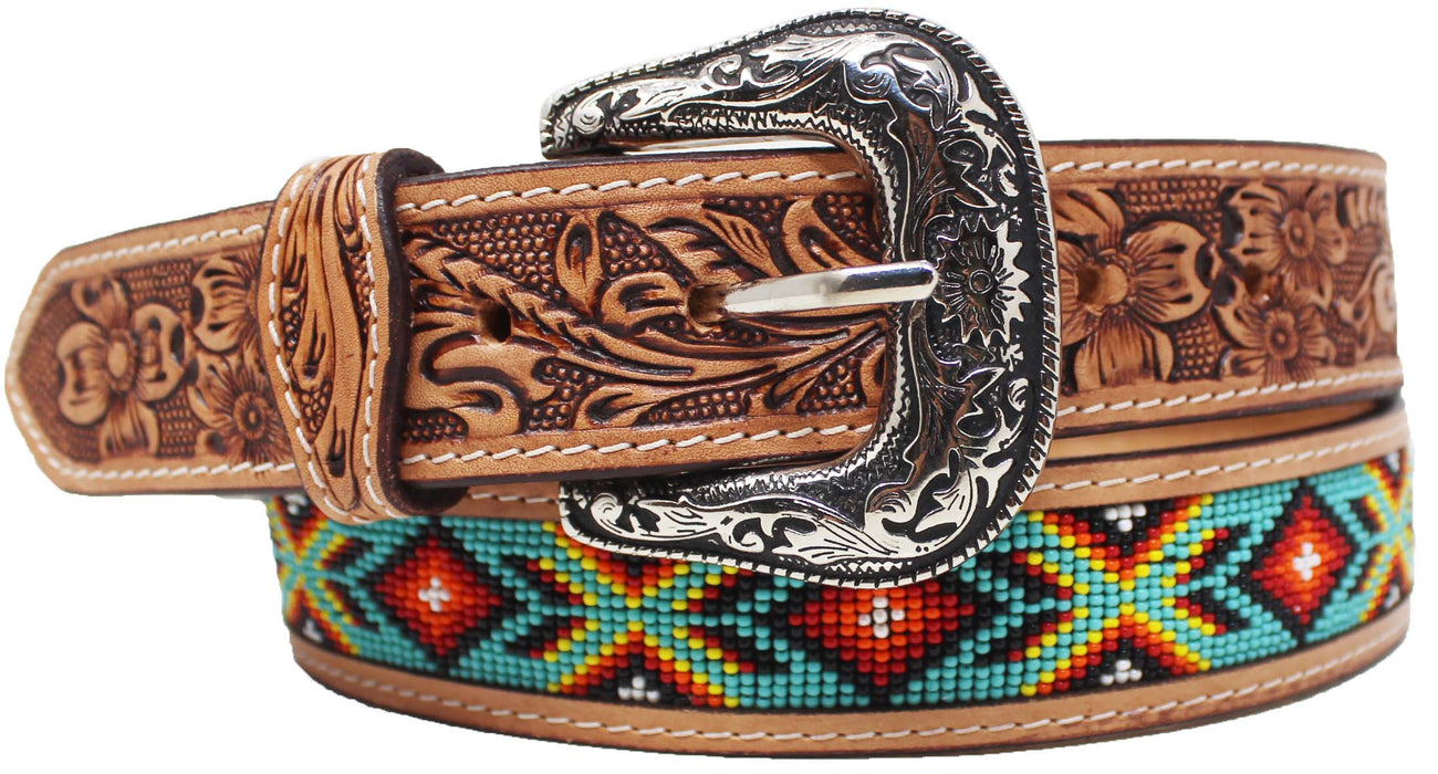 Western 1-1/2" Wide Floral Tooled Beaded Full-Grain Leather Belt 26RS21