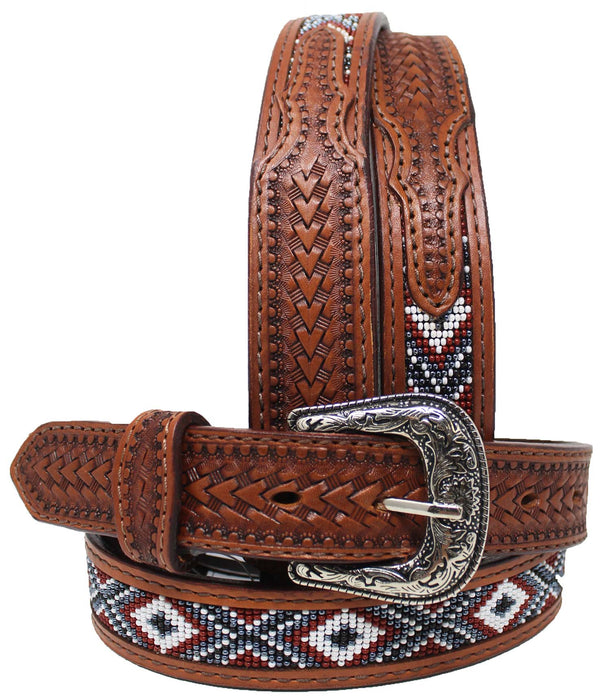 26"  Kid's 1-1/4" Western Floral Tooled Beaded Full-Grain Leather Belt 26RS105C