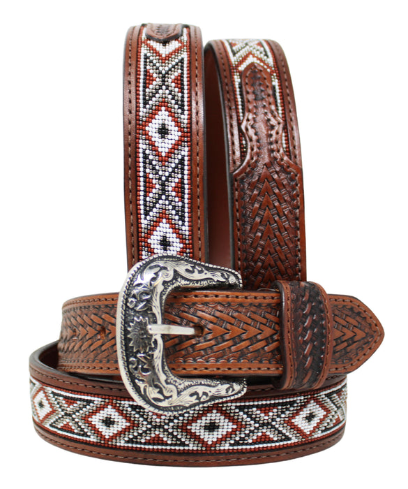 30"  Western 1-1/2" Basket Weave Tooled Beaded Full-Grain Leather Belt 26RS103