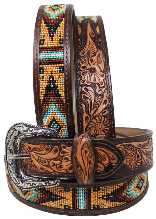Western 1-1/2" Wide Floral Tooled Beaded Full-Grain Leather Belt 26RS23