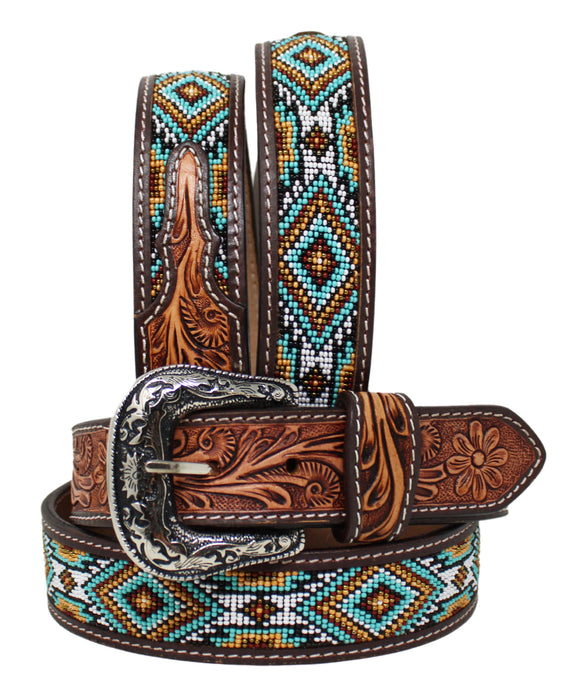 Men Women Western 1-1/2" Wide Antique Floral Tooled Beaded Full-Grain Leather Belt