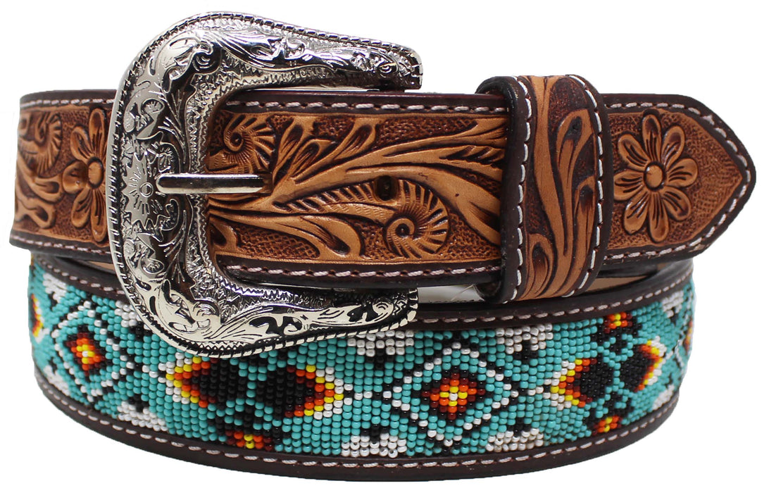 Men Women Western 1-1/2" Wide Antique Floral Tooled Beaded Full-Grain Leather Belt