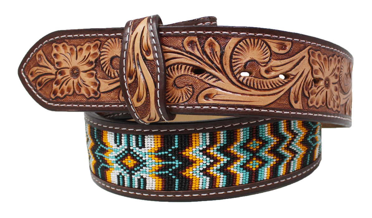Men Women Western 1-1/2" Wide Antique Floral Tooled Beaded Full-Grain Leather Belt