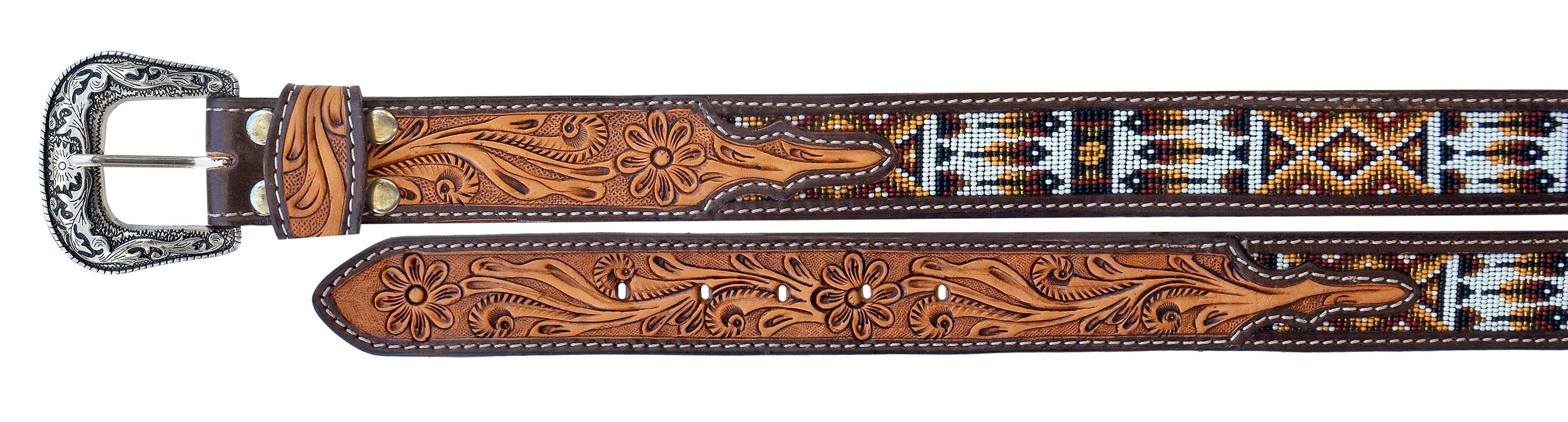 Men Women Western 1-1/2" Wide Antique Floral Tooled Beaded Full-Grain Leather Belt