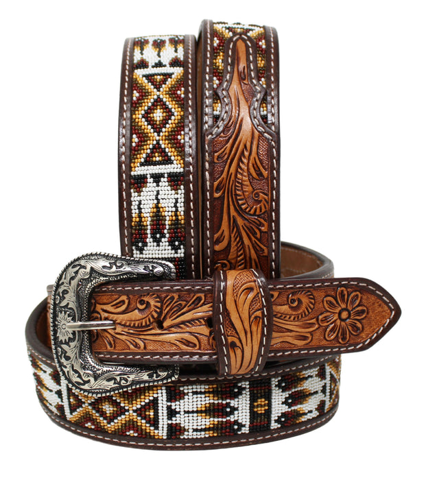 Men Women Western 1-1/2" Wide Antique Floral Tooled Beaded Full-Grain Leather Belt