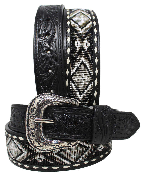 Western 2" Tapered Floral Tooled Beaded Full-Grain Leather Belt 26RS33T2