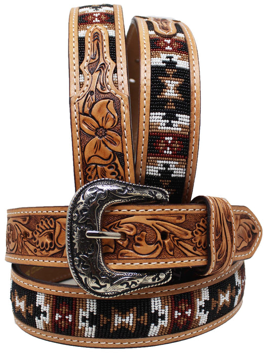 32"  Western 1-1/2" Wide Basket Weave Tooled Beaded Tan Leather Belt  26RS118