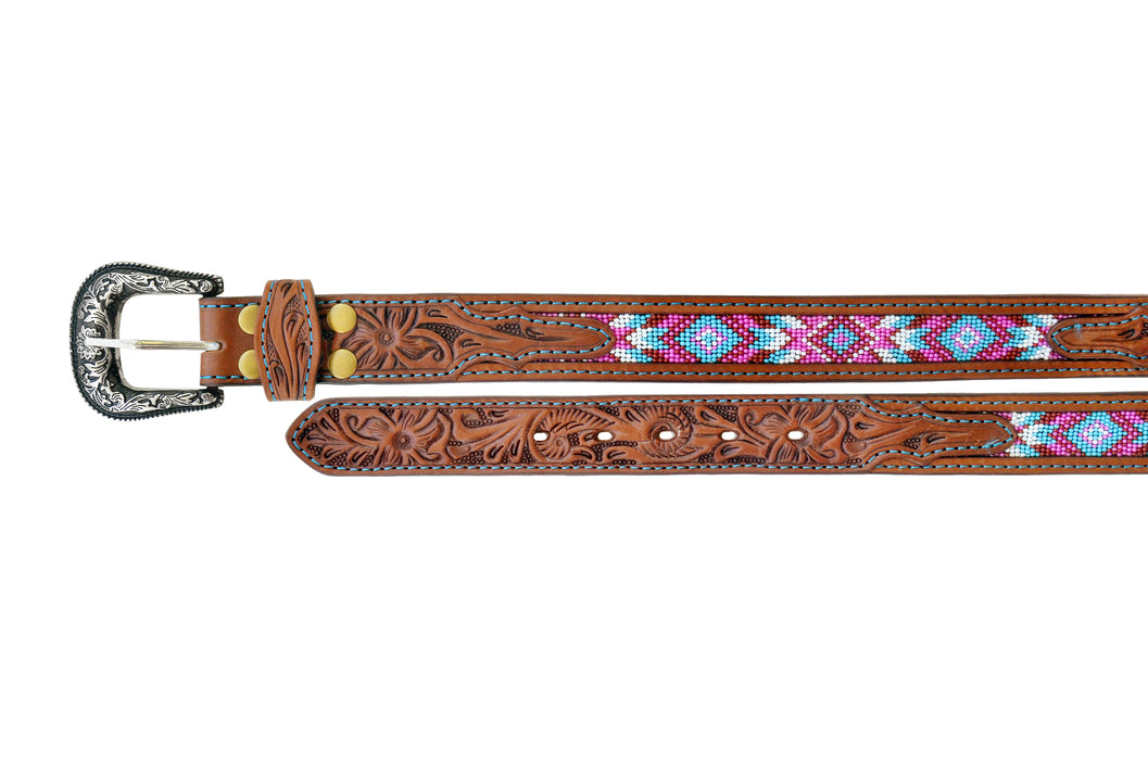 26"  Kid's 1-1/4" Western Floral Tooled Beaded Full-Grain Leather Belt 26RS105C