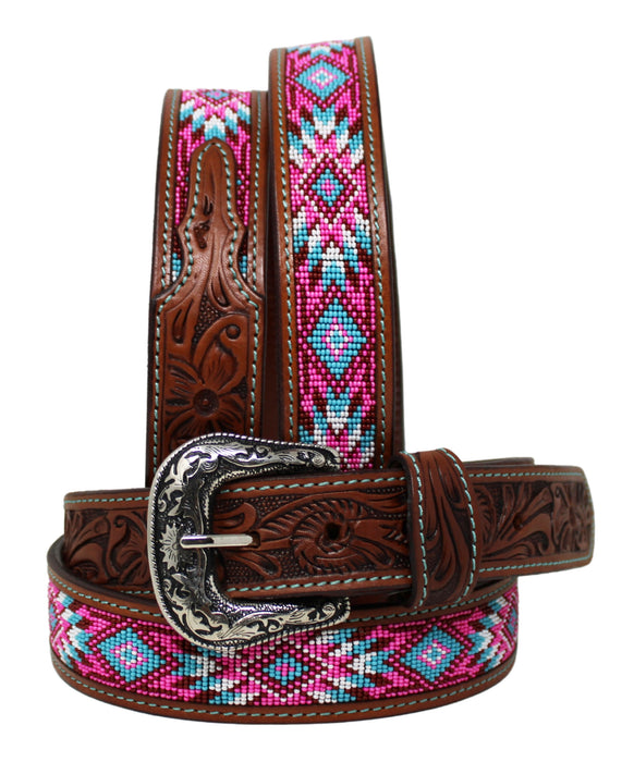 30"  Western 1-1/2" Basket Weave Tooled Beaded Full-Grain Leather Belt 26RS103