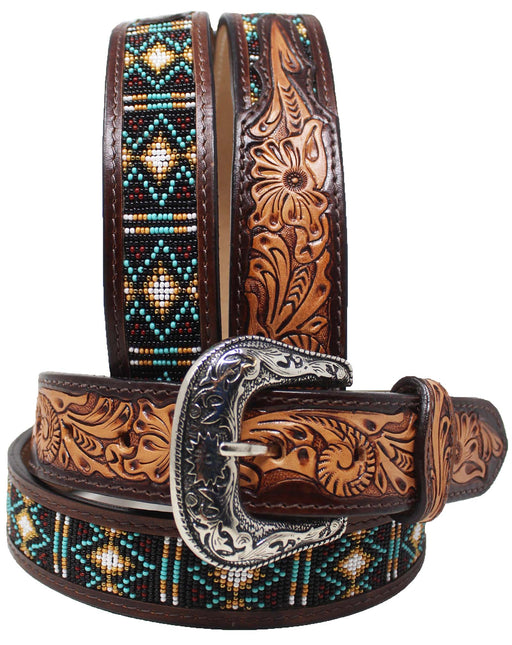 Western 1-1/2" Wide Floral Tooled Beaded Full-Grain Leather Belt 26RS39 26RS39