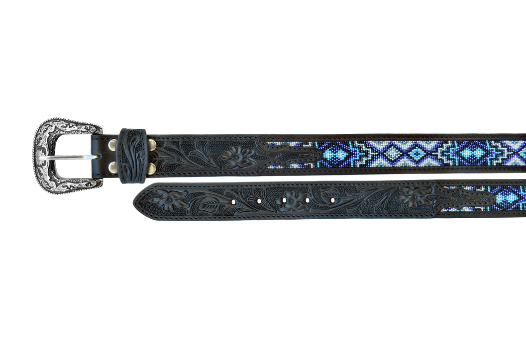 Men Women Western 1-1/2" Wide Floral Tooled Beaded Full-Grain Leather Belt 26RS40