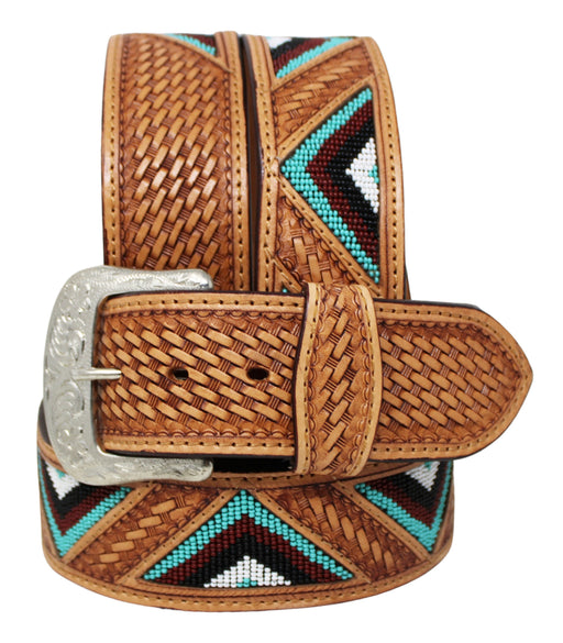 Western 1-1/2" Wide Basket Tooled Beaded Full-Grain Tan Leather Belt 26RS41U2