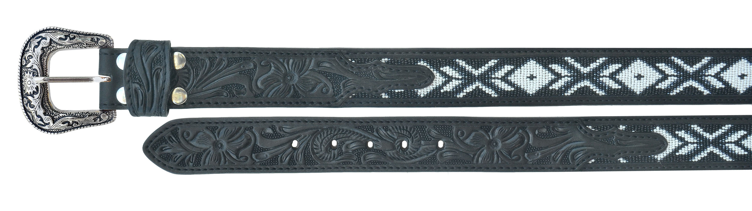 Men Women Western Antique Floral Tooled Beaded Full-Grain Black Leather Belt