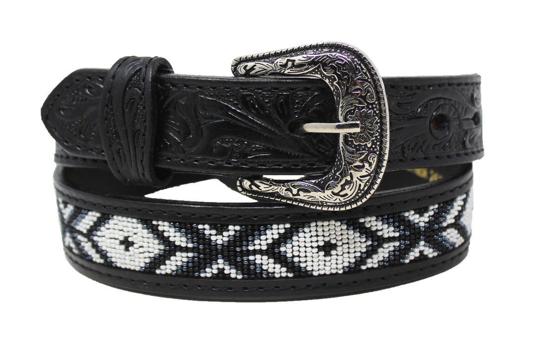 26"  Kid's 1-1/4" Western Floral Tooled Beaded Full-Grain Leather Belt 26RS105C