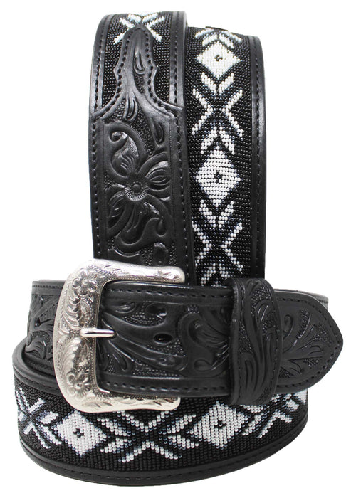 Men Women Western 2" Wide Floral Tooled Beaded Inlay Full-Grain Dark Tan Leather Belt