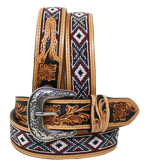 Western Men Women 1-1/2" Wide Basket Tooled Beaded Full-Grain Tan Leather Belt 26RS44