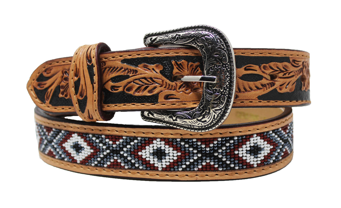 26"  Kid's 1-1/4" Western Floral Tooled Beaded Full-Grain Leather Belt 26RS105C
