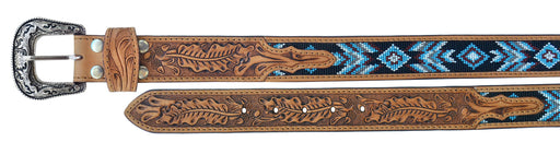 Western 1-1/2" Wide Tapered Oak Leaf Tooled Beaded Leather Belt 26RS46