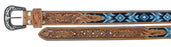 Western 1-1/2" Wide Tapered Oak Leaf Tooled Beaded Leather Belt 26RS46