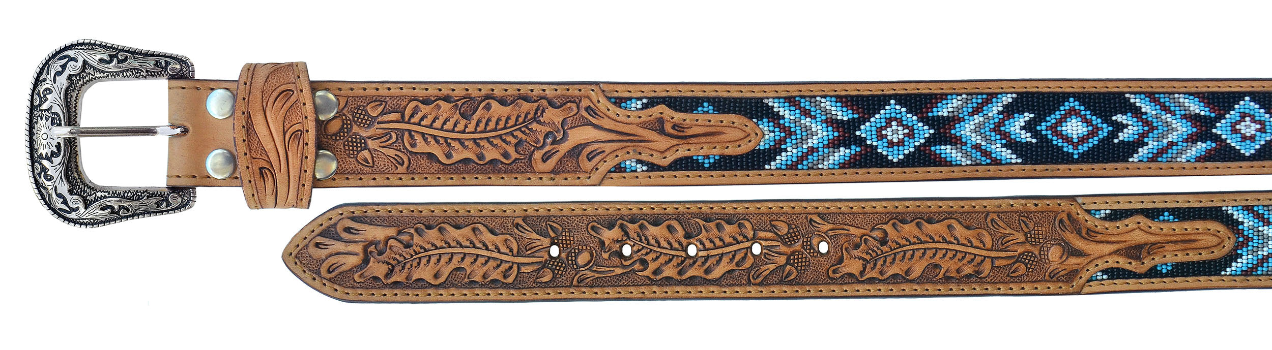 Western 1-1/2" Wide Tapered Oak Leaf Tooled Beaded Leather Belt 26RS46