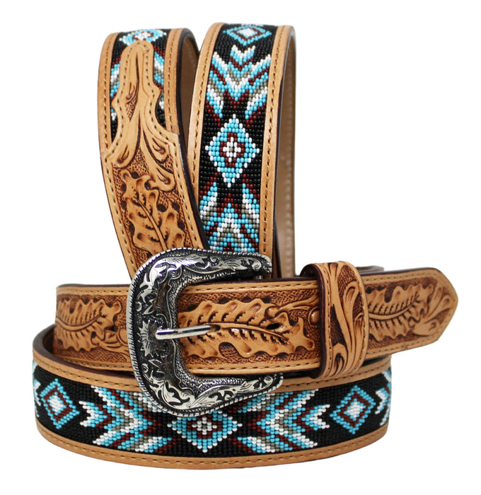 Western 1-1/2" Wide Tapered Oak Leaf Tooled Beaded Leather Belt 26RS46