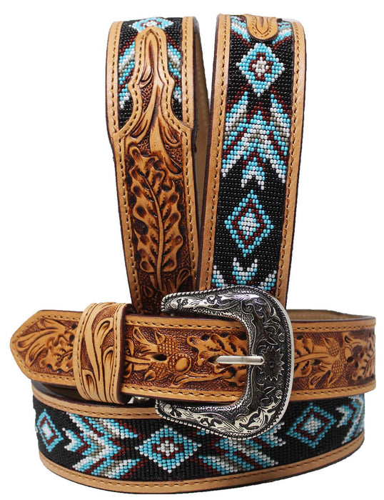 Western 1-3/4" Wide Tapered Oak Leaf Tooled Beaded Leather Belt Tapered
