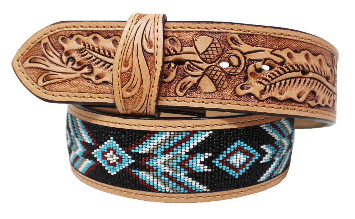 Western 2" Wide Basket Tooled Praying Cowboy Beaded Leather Belt RS2BeadTan