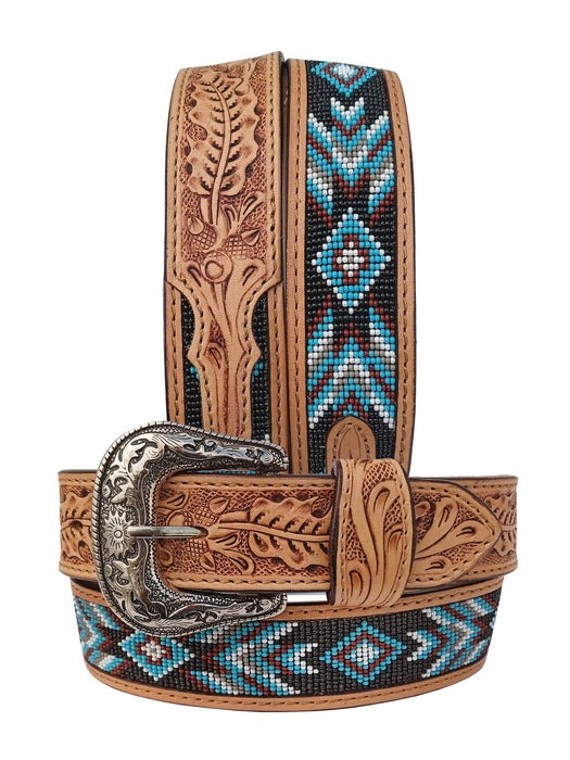 30  Western 1-1/2" Wide Basket Weave Tooled Beaded Tan Leather Belt  26RS111