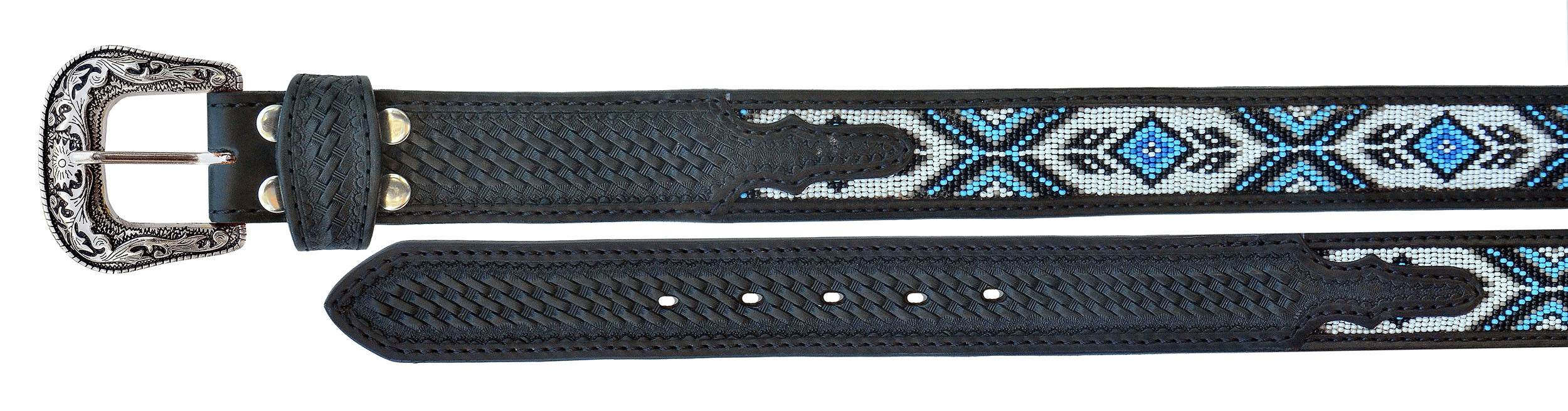 Men Women Western Antique Floral Tooled Beaded Full-Grain Black Leather Belt