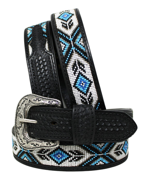 Men Women Western Antique Floral Tooled Beaded Full-Grain Black Leather Belt