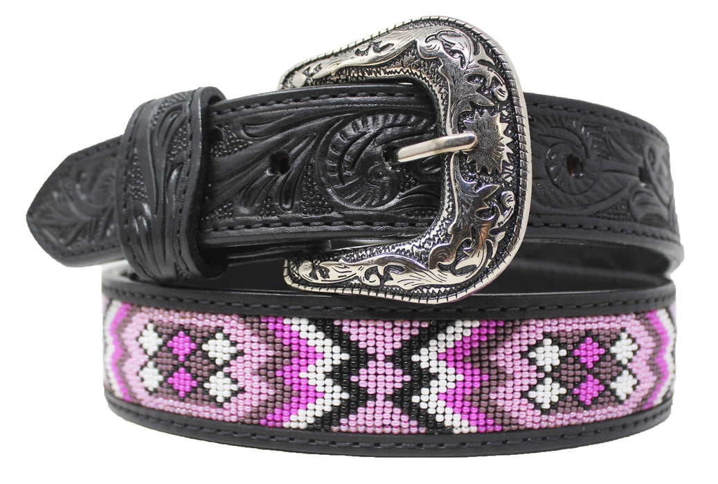 Men Women Western Antique Floral Tooled Beaded Full-Grain Black Leather Belt