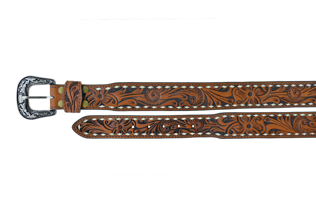 34" Challenger 1-3/4" Tapered Western Leather Belt Floral Tooled Black Leather Lacing 26RS132T