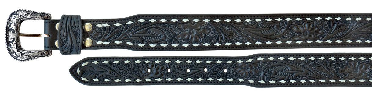 34" Challenger 1-3/4" Tapered Western Leather Belt Floral Tooled Black Leather Lacing 26RS132T