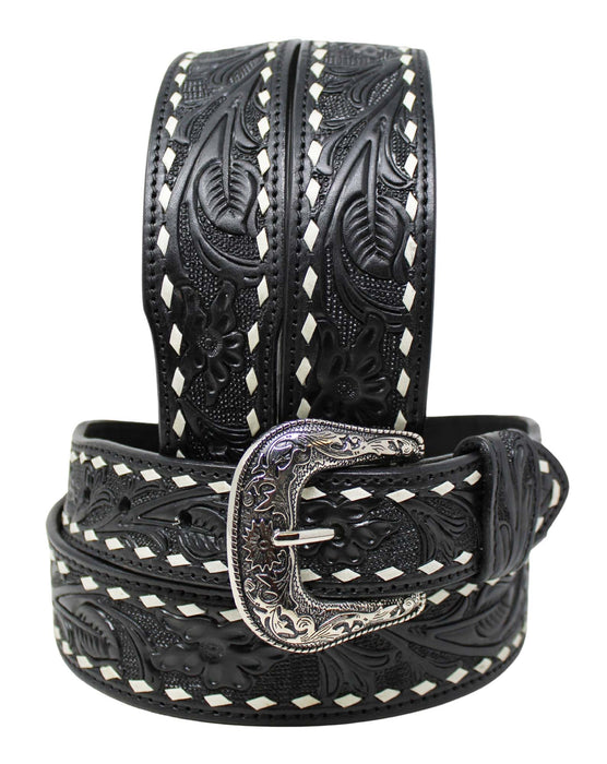 34" Challenger 1-3/4" Tapered Western Leather Belt Floral Tooled Black Leather Lacing 26RS132T