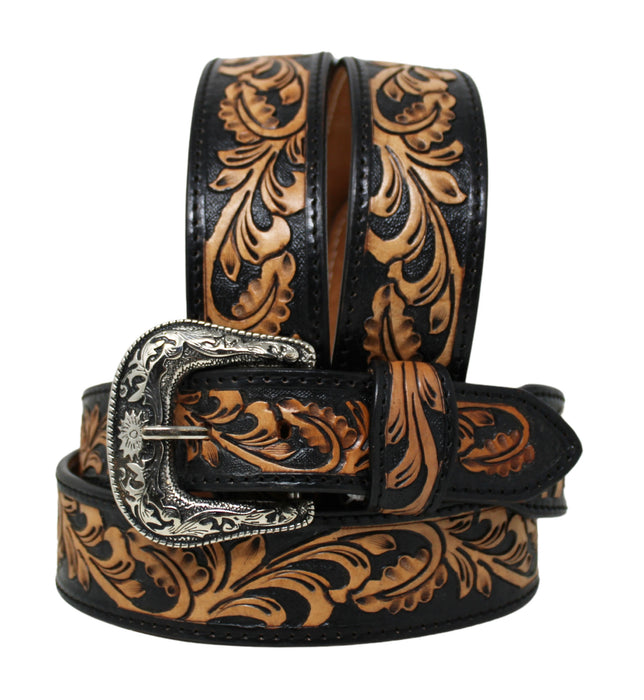 38  Western 1-3/4" Tapered Wide Floral Tooled Black Inlay Full-Grain Leather Belt 26RS03T