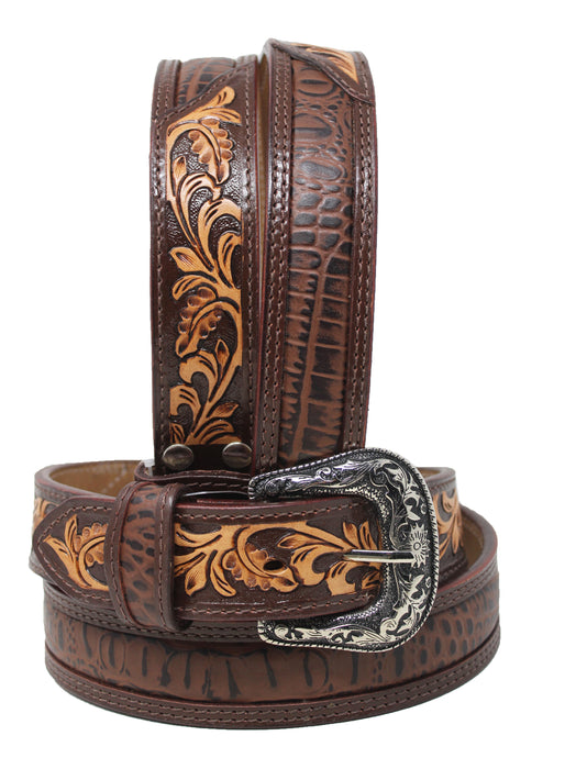 34  Western 1-1/2" Floral Tooled Gator Inlay Full-Grain Tan Leather Belt 26RS11