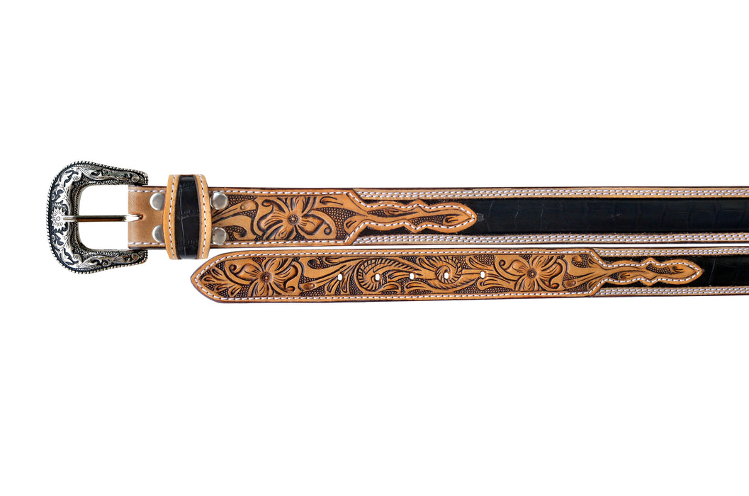 34  Western 1-1/2" Floral Tooled Gator Inlay Full-Grain Tan Leather Belt 26RS11