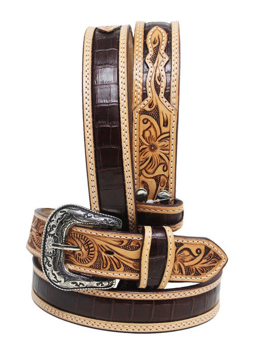 34  Western 1-1/2" Floral Tooled Gator Inlay Full-Grain Tan Leather Belt 26RS11