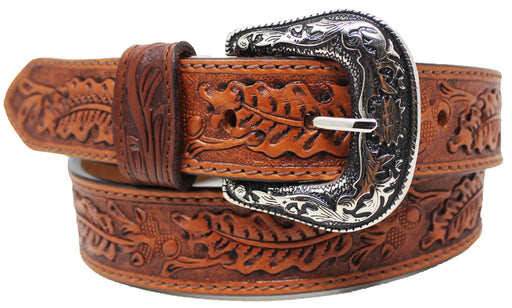 Western 1-1/2" Wide Oak Leaf Tooled Full-Grain Brown Leather Belt 26RS58