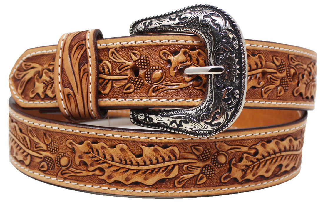 Western 1-1/2" Wide Floral Tooled Black Inlay Full-Grain Leather Belt RSFloral